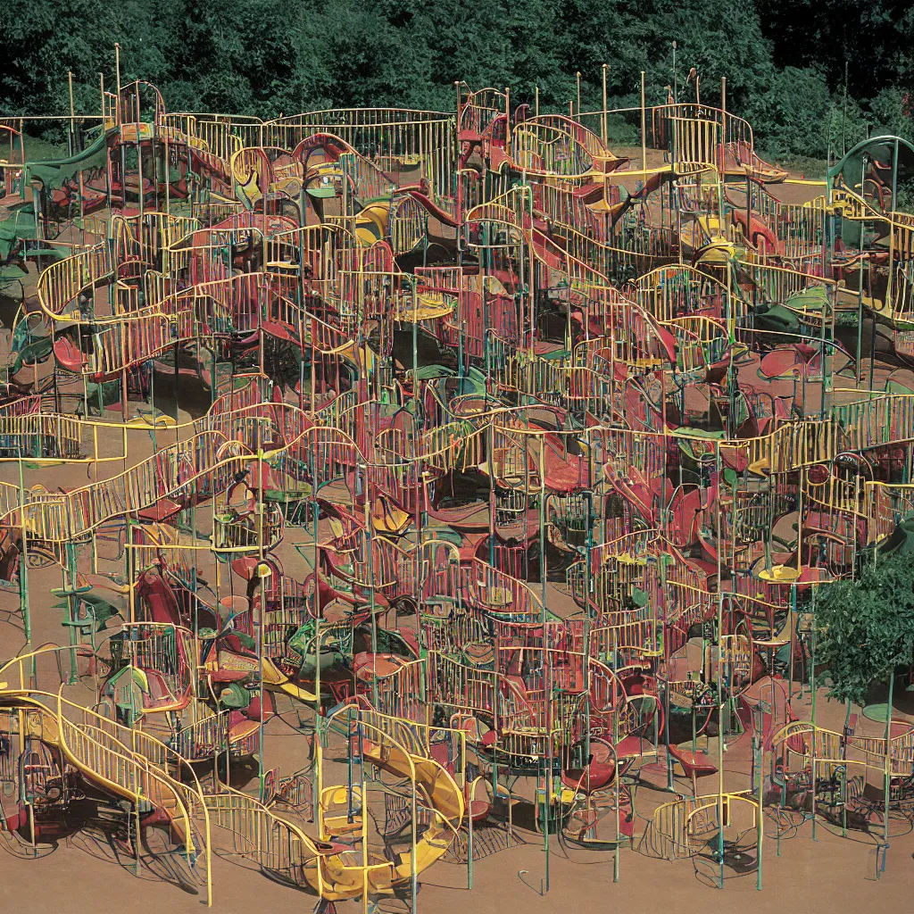 Image similar to full - color closeup 1 9 7 0 s photo of a vast incredibly - large complex very - dense tall many - level playground in a crowded schoolyard. the playground is made of brown wooden planks, black rubber tires, silver metal bars, and beige ropes. it has many spiral staircases, high bridges, ramps, balance beams, and metal tunnel - slides.