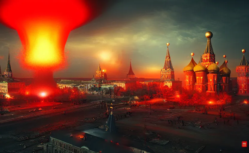 Prompt: nuclear explosion with realistic nuclear mushroom in Red Square Kremlin, beautiful dynamic lighting, cinematic shot, extremely high detail, photo realistic, cinematic lighting, post processed, artstation, matte painting, digital painting