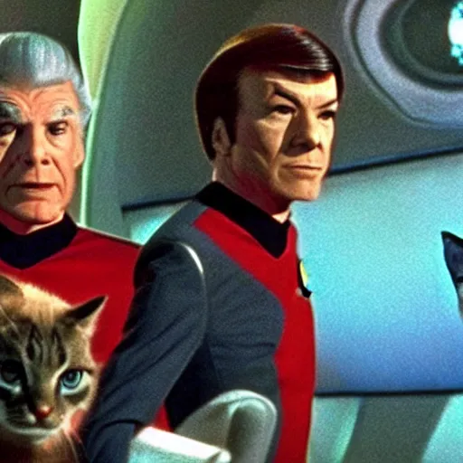 Prompt: a scene from star trek but the crew are cats