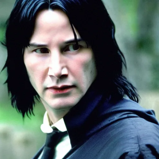 Image similar to Film Still of a Young Keanu Reeves playing a Young Severus Snape in Harry Potter, Film Still, realistic, hyperrealistic, very realistic, very very realistic, highly detailed, very detailed, extremely detailed, detailed, detailed face, very detailed face, very detailed face, realism, HD Quality, 8k resolution, intricate details, body and head in frame, Real Life