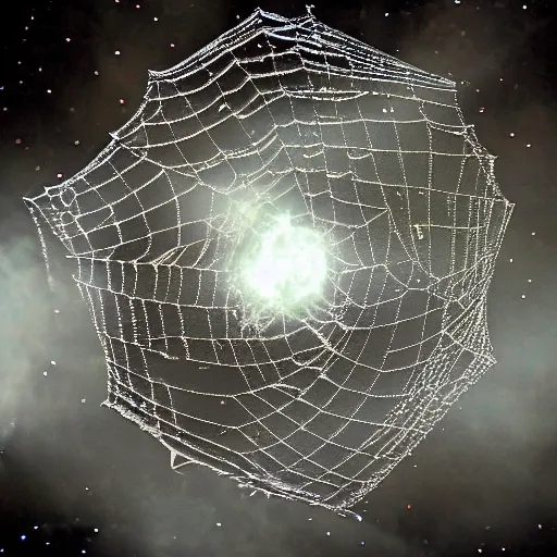 Image similar to a spider web woven between asteroids in outer space, orbiting a planet.