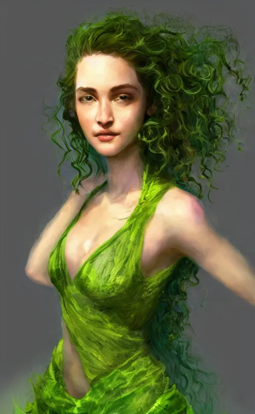 Image similar to a young woman with wild, curly hair and bright green eyes. she's wearing a flowing dress made of light, airy fabric and she has a mischievous look on her face, dynamic lighting, photorealistic fantasy concept art, trending on art station, stunning visuals, creative, cinematic, ultra detailed