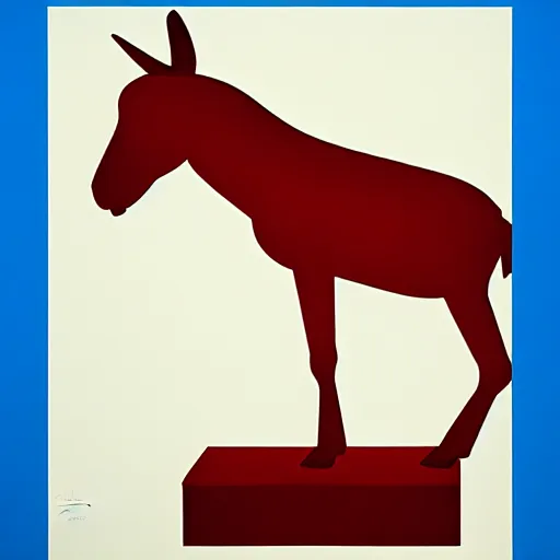 Image similar to lithograph side view of standing donkey against white background, duotone, cycladic sculptural style, full body, flat colors, iconic, simplified, ultramarine blue and red iron oxide