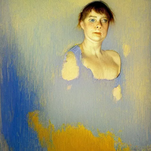 Prompt: palette knife oil painting portrait of a young girl in a blue and gold haunted liminal room, film still by goya, by henri de toulouse - lautrec, by pontormo, extreme detail, liminal aesthetic, artgerm, deviant art, octane, substance, art history 8 k, art nouveau