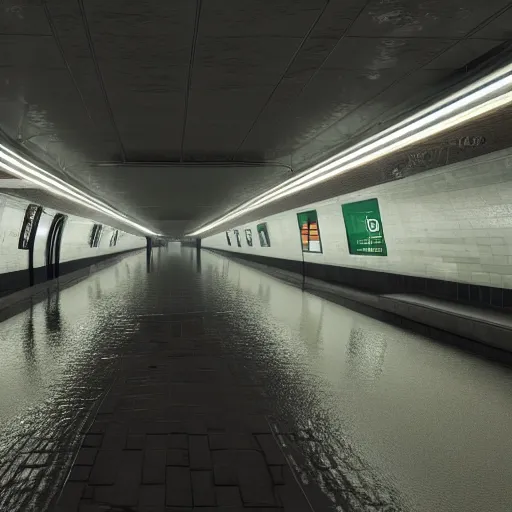 Image similar to photo of a subway station, the floor is flooded with one meter deep water. eerie, volumetric lighting. highly - detailed 4 k
