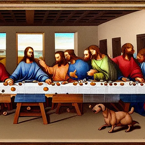 Prompt: painting of the last supper with dogs, mural by michelangelo