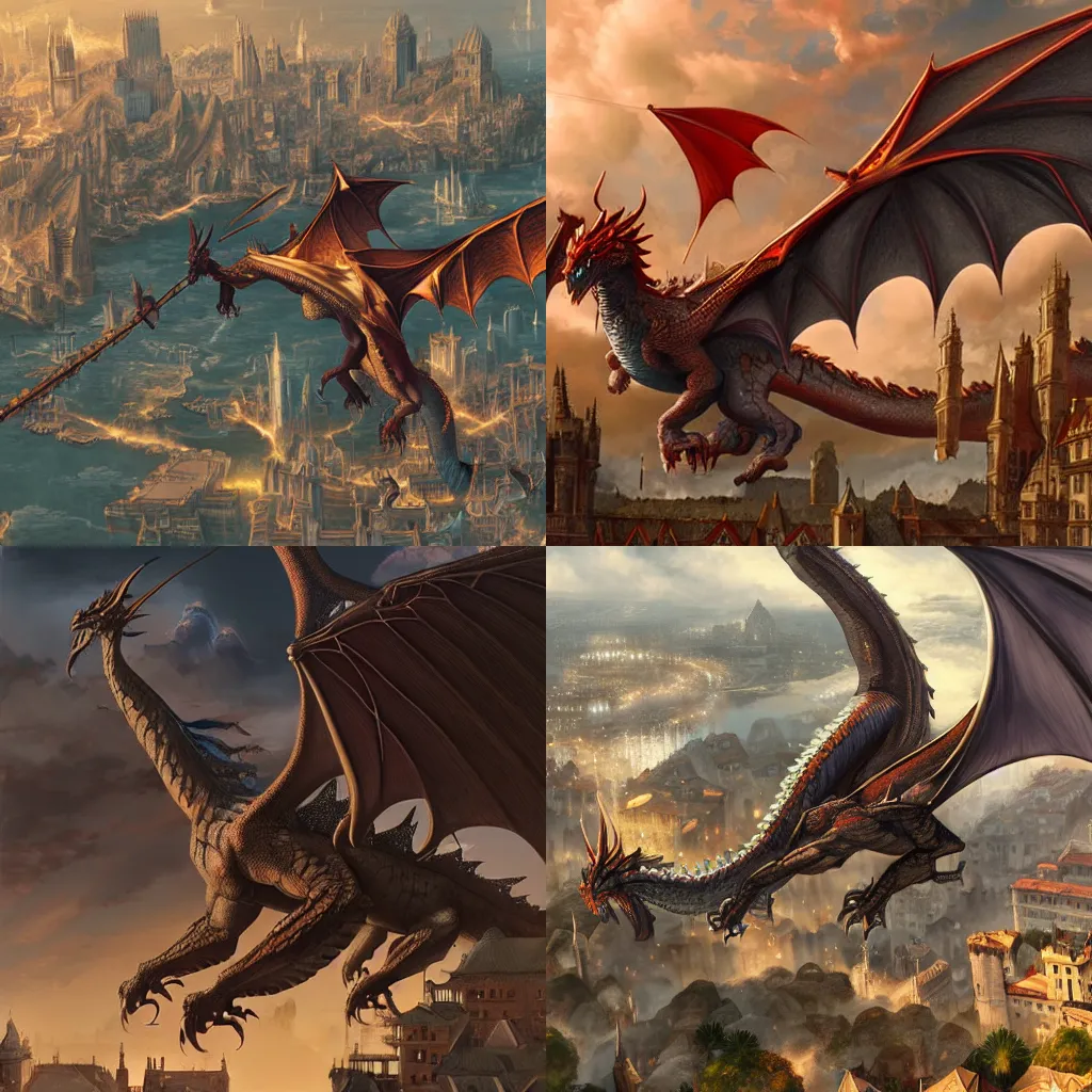 large dragon flying over medieval city, in style of | Stable Diffusion ...