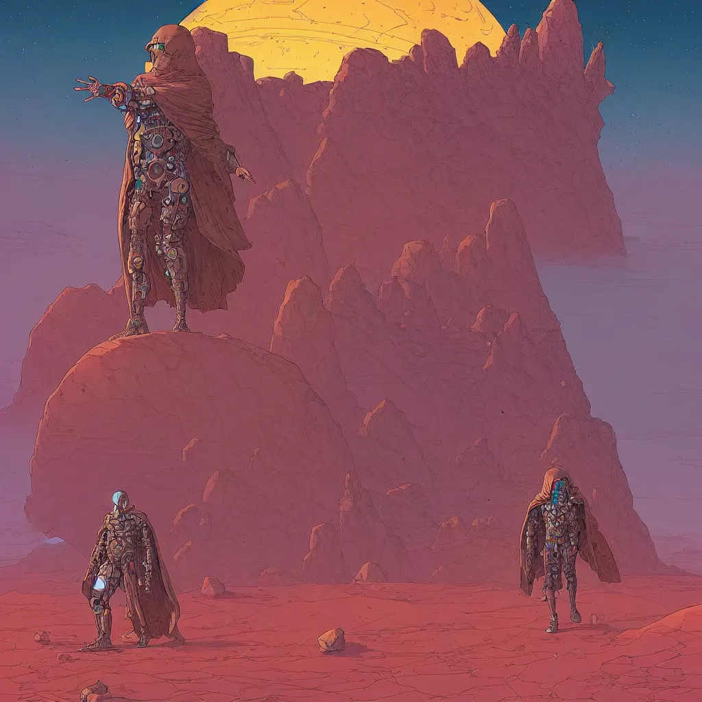 Prompt: a cyborg dressed in a large cloak walking through a dangerous desert, mountains, floating stones around, epic, close up, in the center, centered, intrincate by moebius, jean giraud & kilian eng moebius style