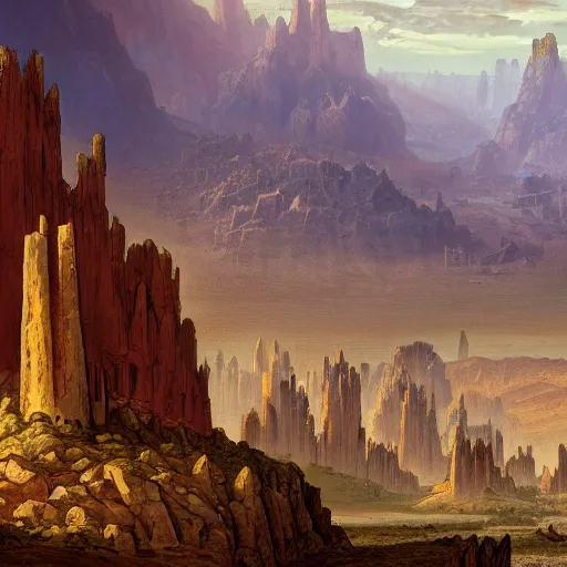 Prompt: concept art of the desert valley surrounded by mountains with a small towers on top of it | red lake with a destroyed antic building in the centre | german romanticism style, hyper - realism, narrative realism, art by johfra bosschart | high details, panoramic view | trending on artstation