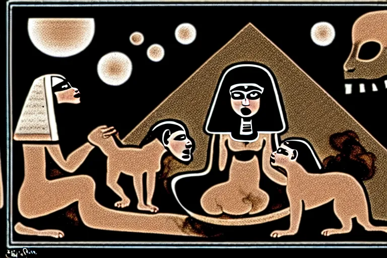 Prompt: soul devouring baby. smoky. badass. black dogs. 8 th dimensional egyptian crib.