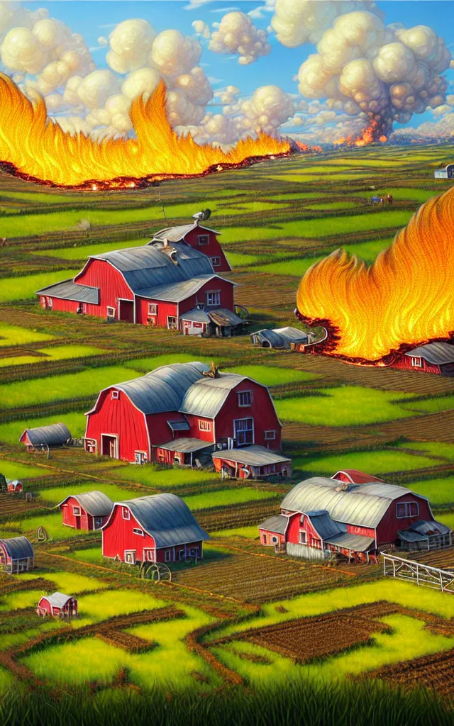 Prompt: wide view of a farm ,reflections of fire clouds, fantasy, intricate, richly detailed colored 3D illustration of a beautiful ornated happy farm with background with completely rendered reflections, art by Range Murata and Artgerm highly detailed, digital painting, trending on artstation, sharp focus, D&D, illustration, style of Stanley Artgerm, perfect smile vogue, awards, model,