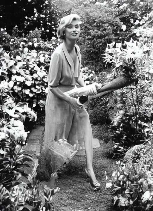 Prompt: a grainy film photo of Grace Kelly gardening, take with a Kodak Brownie Camera