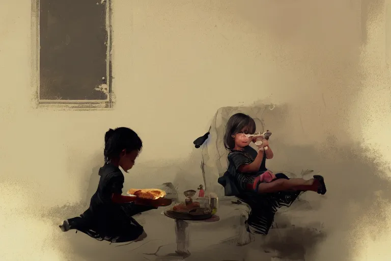 Image similar to little girl eating oreos, her baby sister is playing video games, the little girls are black, a beautiful painting , by greg rutkowski and kalin popov , trending on artstation hd