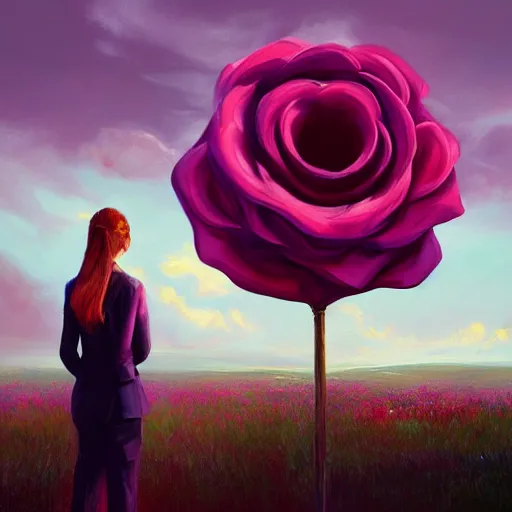 Image similar to closeup, giant rose flower head, frontal, girl in a suit, surreal photography, sunrise, blue sky, dramatic light, impressionist painting, digital painting, artstation, simon stalenhag