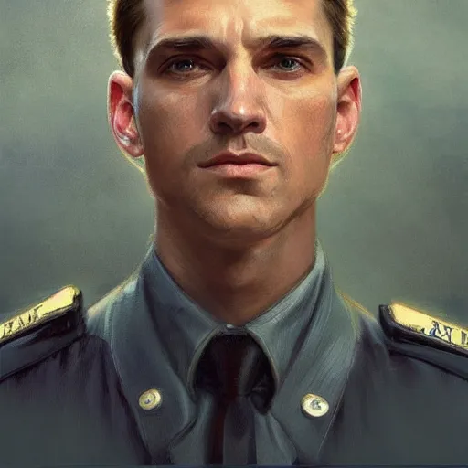 Prompt: Beautiful portrait of a Caucasian male police officer, wide angle, intricate, wild, highly detailed, digital painting, artstation, concept art, smooth, sharp focus, illustration, art by artgerm and greg rutkowski and alphonse mucha - W 768