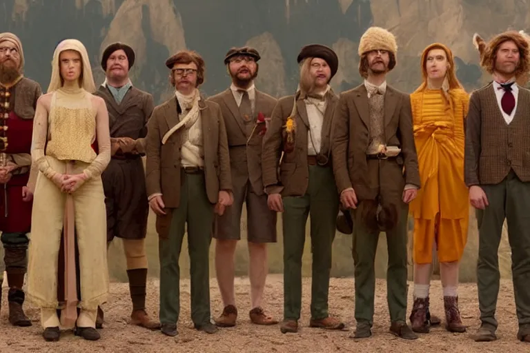 Image similar to A group of 5 adventurers lined up for a group portrait, Screenshot of Wes Anderson's New High Fantasy Movie, directed by Wes Anderson, Chest high, Photo realistic, Regal, Formal, Cinematic, Symmetrical, Satisfying dynamic lighting, Highly Detailed, Cinematic Lighting, 8k, HD