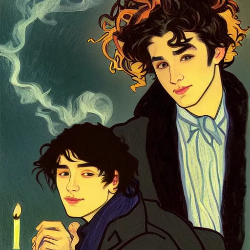 Image similar to painting of young cute handsome beautiful dark medium wavy hair man in his 2 0 s named shadow taehyung and cute handsome beautiful min - jun together at the halloween! party, bubbling cauldron!, candles!, smoke, autumn! colors, elegant, modest, wearing suits!, delicate facial features, art by alphonse mucha, vincent van gogh, egon schiele