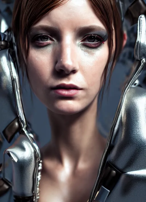 Prompt: 3 / 4 portrait, emma bot queen, crown, futuristic fashion clothing, brunette, long hair, id magazine, hyperrealism, detailed textures, photorealistic, 3 d cyberpunk apocalyptic city, ultra realistic, cinematic, intricate, cinematic light, unreal engine 8 k, octane render, unreal engine, david kostic, artgerm