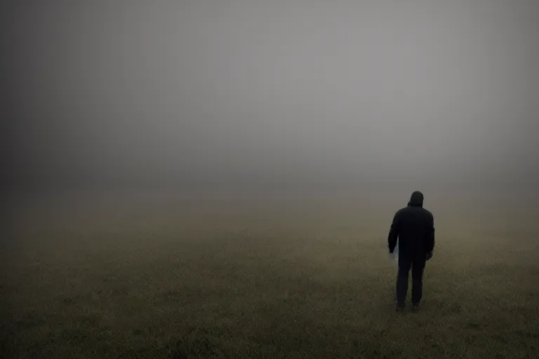 Image similar to a cinematic portrait of a middle aged male stood in a fog filled field, ultra realistic, depth, beautiful lighting