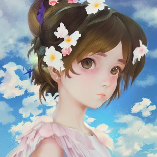 Prompt: little girl with flowers in hair wearing an white dress, art by ilya kuvshinov, profile picture, inspired in hirohiko araki, realistic, highly detailed, anime face