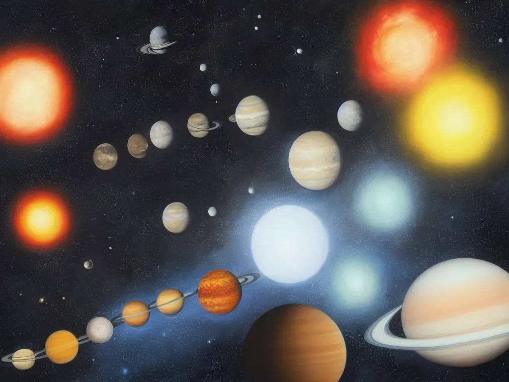 Prompt: A beautiful painting of five planets by Gioele Muscolino and Daniel Oxford, five planets that are black, white, yellow, red, and blue, behind the galaxy and the universe, Trending on artstation, By Emmanuel Lubezki