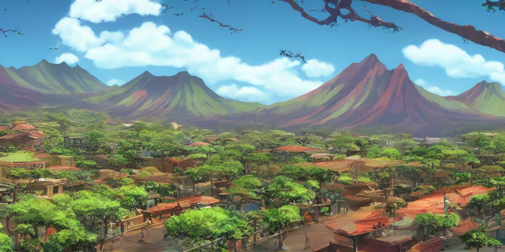 Image similar to background plate matte painting ghibli pixar dreamworks vista hawaii.