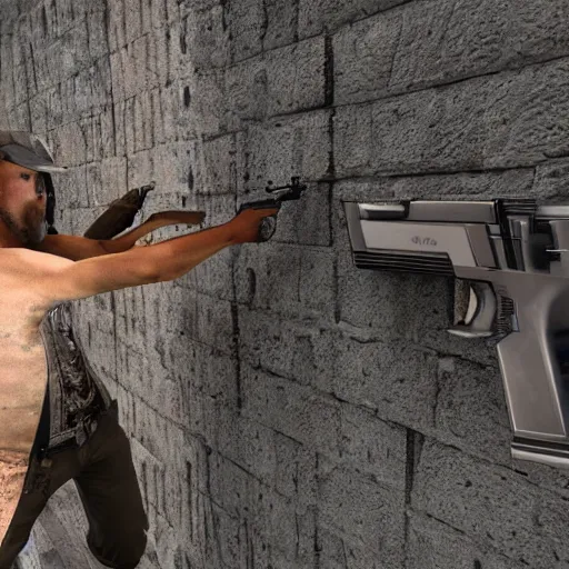 Image similar to KUNTEYNIR and BIRD WILL EAT wall on wall shootout with gun, HD, 8K