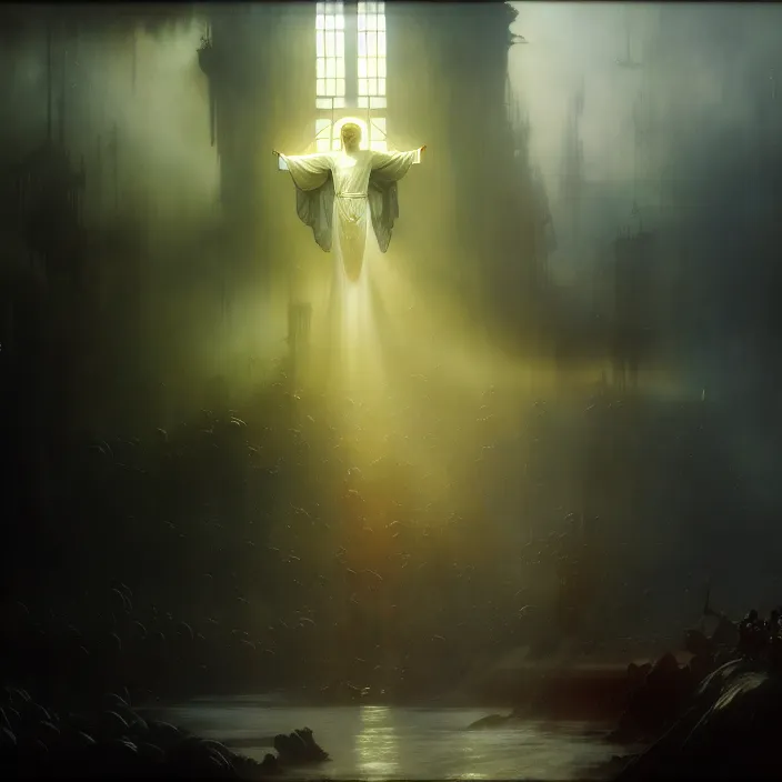 Image similar to the second coming of jesus christ, intricate concept art, ethereal, ominous, dramatic lighting, Ruan Jia and Jeremy Mann and Alphonse Mucha