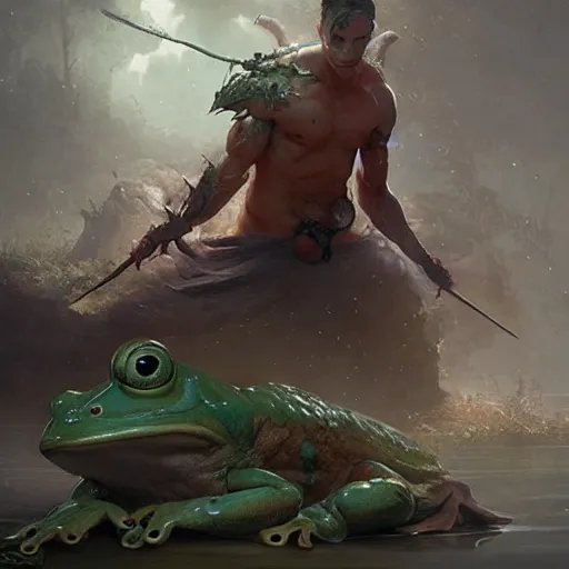 Image similar to scary godlike fairy killing a frog , muscular , upper body , epic , traditional makeup , gorgeous features , Post-processing , low angle , Greg rutkowski legendary matte painting , masterpiece