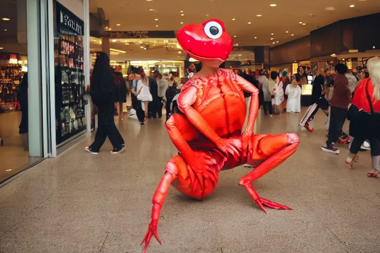 Image similar to woman dressed up like a cute crab, in 2 0 0 2, at a mall, street style, royalcore, low - light photograph, photography by tyler mitchell