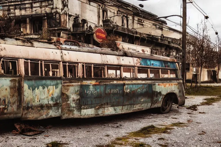 Image similar to low wide angle shot of dilapidated fallout 5 europa, temperate european hamlet, desolate, dilapidated neon signs, few rusted retro futuristic vintage parked vehicles like cars, buses, trucks, trams, volumetric lighting, photorealistic, daytime, autumn, sunny weather, sharp focus, ultra detailed, 4 0 0 0 k