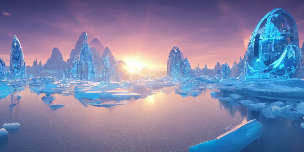 Image similar to futuristic reflective ice city, sunset glowing off a mountain in background, busy waves, ray tracing, refractive, planet in the sky, award winning, trending on artstation, digital art. highly detailed 8 k. intricate. lifelike. soft light. nikon d 8 5 0.