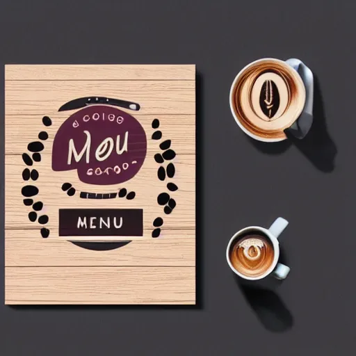 Prompt: design for a menu, laying on a wooden table, graphic design, weird dishes, illustrations, riso print colors, typography, fancy restaurant, mood, cottage core, expensive coffee