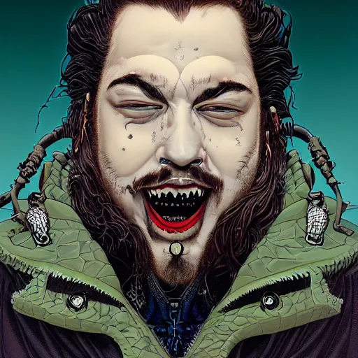 Prompt: portrait closeup of post malone vampire, symmetrical, by yoichi hatakenaka, masamune shirow, josan gonzales and dan mumford, ayami kojima, takato yamamoto, barclay shaw, karol bak, yukito kishiro