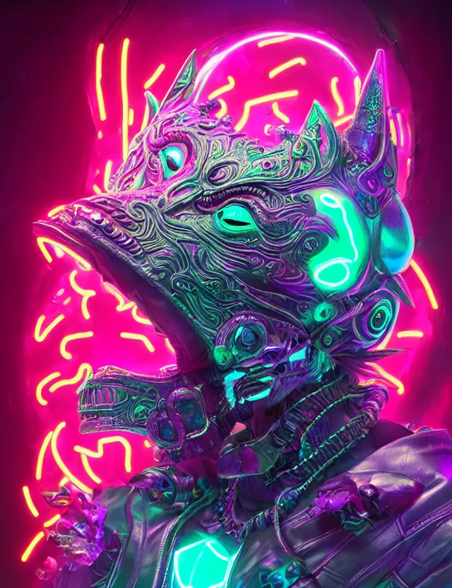 Image similar to 3 d goddess medium shot portrait with hyperdimensional totem implants. beautiful intricately detailed avante garde wolf mask and retrowave sorceress outfit. neon lizards, bio luminescent, water, plasma, creature, artwork by tooth wu and wlop and android jones and beetle and greg rutkowski