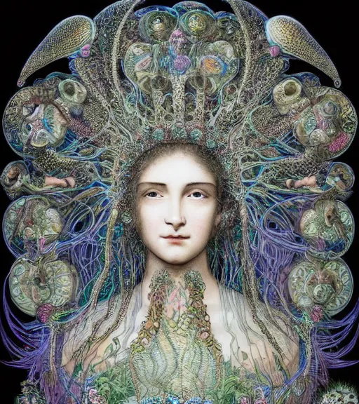 Image similar to portrait of a beatiful young goddess with intricate jellyfish headdress, dark background, intricate hyper detailed art by ernst haeckel and james jean