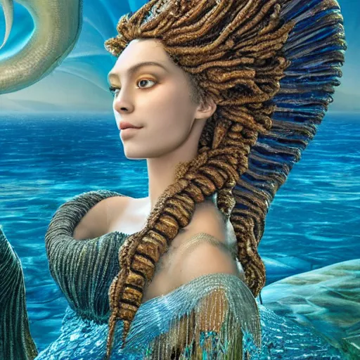 Image similar to unreal engine, octane render, 8 k, intricate detail, gilbert williams and sandro botticelli portrait of tan sumerian mermaid goddess atargatis, with aqua neon rapunzel dreadlocks adorned in seashells, near crystal temple in atlantis, iridescent dolphins swimming in the sea, unicorn flying in the sky, paleozoic atlantis