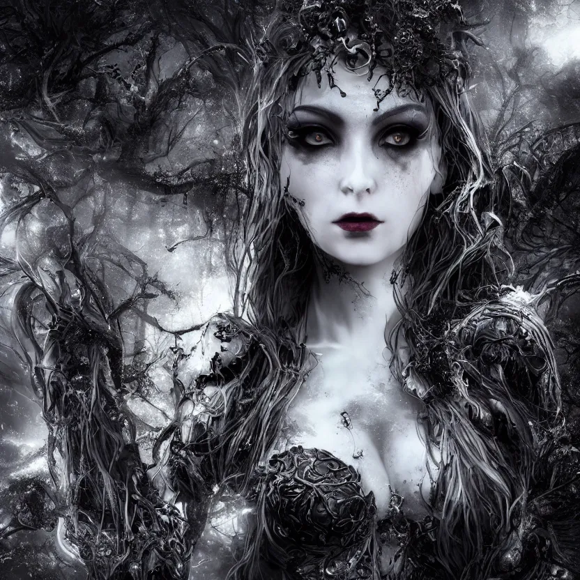 Image similar to stunning otherworldly Gothic goddess of beauty, dark and mysterious, atmospheric, ominous, eerie, cinematic, Epic, 8k, 4k, ultra detail, ultra realistic, rendered by awesomeness