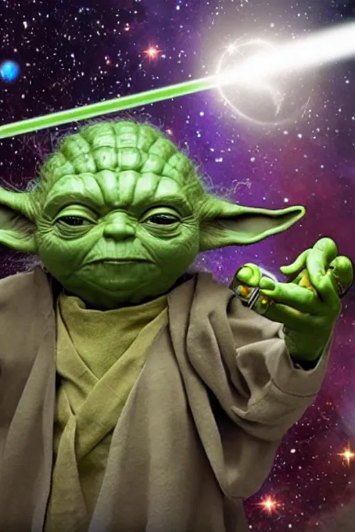 Image similar to yoda floating through space smoking a large joint