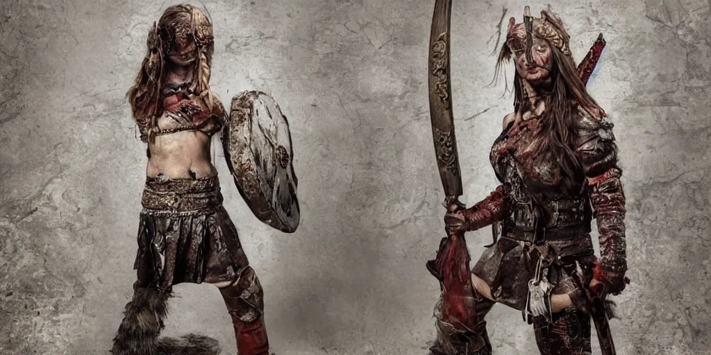 Image similar to a beautiful viking female warrior, covered in blood, highly detailed.