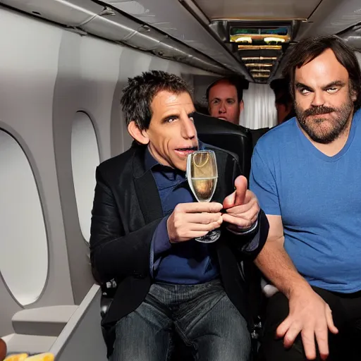 Image similar to ben stiller and jack black on an airplane, drinking champagne, crying