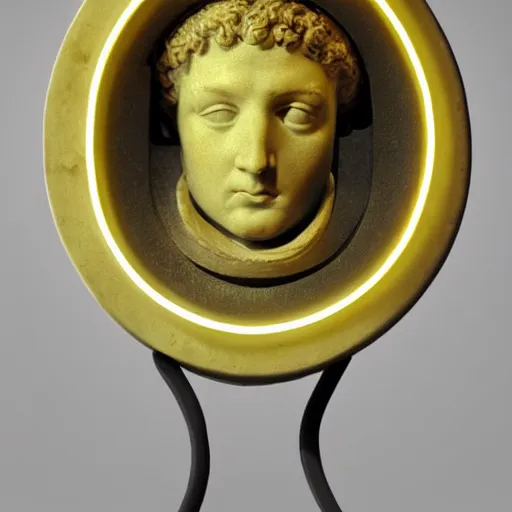 Image similar to a neon ring surrounding a renaissance statue head