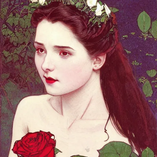 Image similar to profile portrait of a young vampire princess, head only, headshot, royalty, black hair, rose crown, pale skin, mouth slightly open, thorn border, thorn background. by Stanley Artgerm Lau , greg rutkowski, thomas kindkade, alphonse mucha, loish, norman rockwell, J. C. Leyendecker. D&D, fantasy. Trending on artstation rule of thirds, detailed illustration, hd 4k