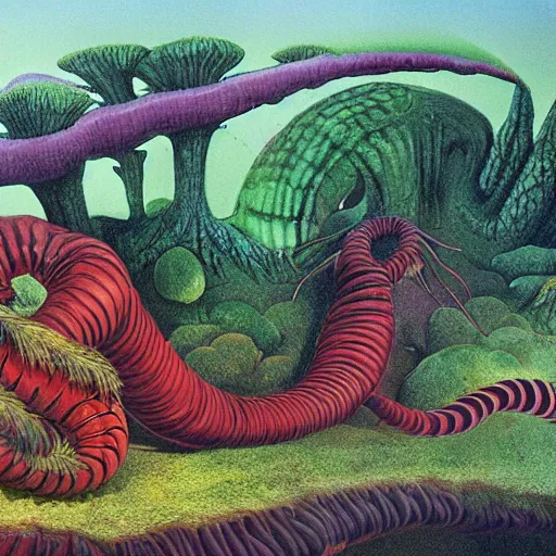 Image similar to Large centipede next to a house by Roger Dean