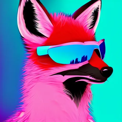 Prompt: fox animal, pink and blue mohawk hairstyle, aviator sunglasses, synthwave style, portrait, artstation, detailed, award winning, furry, dramatic lighting