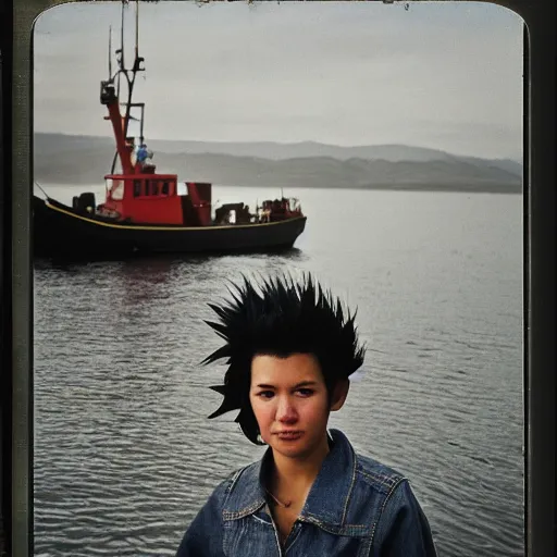 Image similar to black - haired girl with wild spiky black saiyan hair with long bangs over her eyes wearing double denim, standing on an alaskan fishing vessel, 1 9 6 5, polaroid, kodachrome, grainy photograph