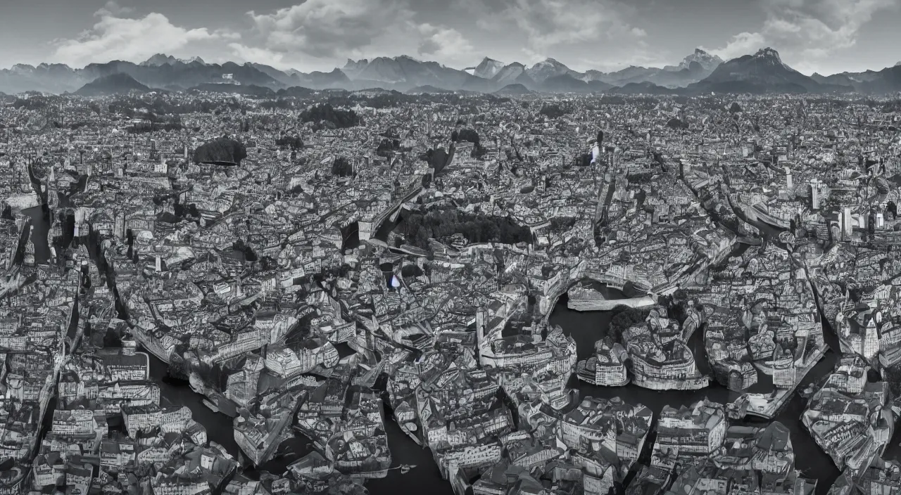 Image similar to lucerne skyline by junji ito, octane render, trending on artstation