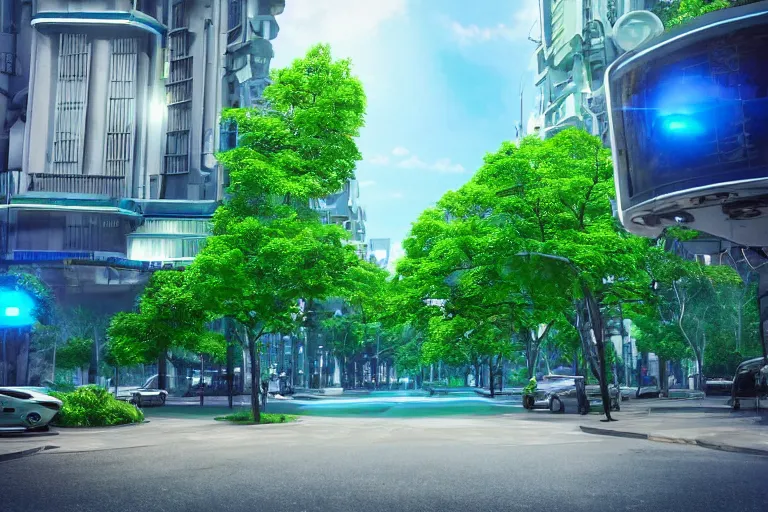 Image similar to an ultra realistic cinematic wideangle photograph of a utopian futuristic city street, green plants, blue sky, beautiful lighting, ultra realistic, movie still, futuristic utopia, ultra realistic