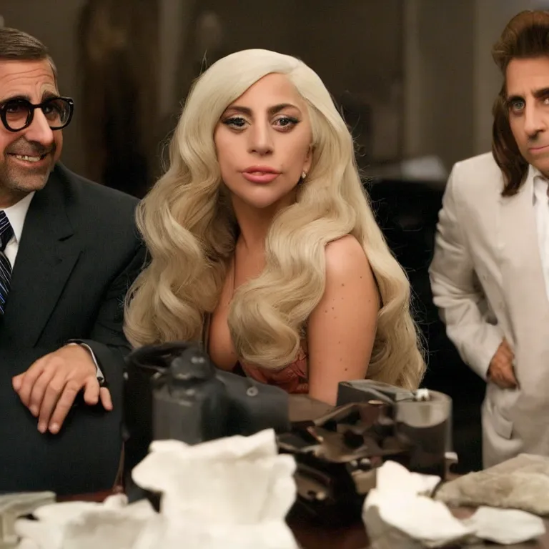 Prompt: confused lady gaga looking at the camera while steve carell smiles behind her, from the office ( 2 0 0 5 ), detailed background, uhd, low light, cinematic, realistic, clear face, clear eyes.
