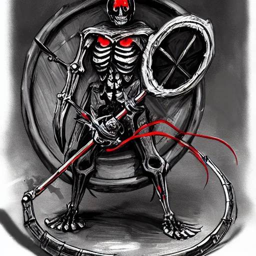 Image similar to concept art of skeleton holding a medieval shield and spear, d & d surrounded by red evil death tentacles, hyper detailed, hyper realistic, dark atmosphere, full body, full frame in the style of frank frazetta